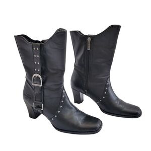 Harley Davidson Johanna Black Leather Moto Boots Studded Heel 8.5